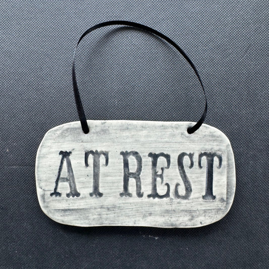 Handmade ceramic At Rest casket plaque wall hanging