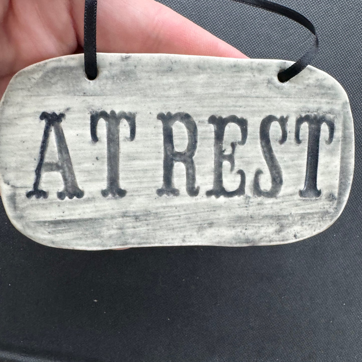 Handmade ceramic At Rest casket plaque wall hanging