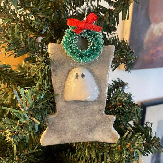 Handmade ceramic ghost tombstone wreath ornament