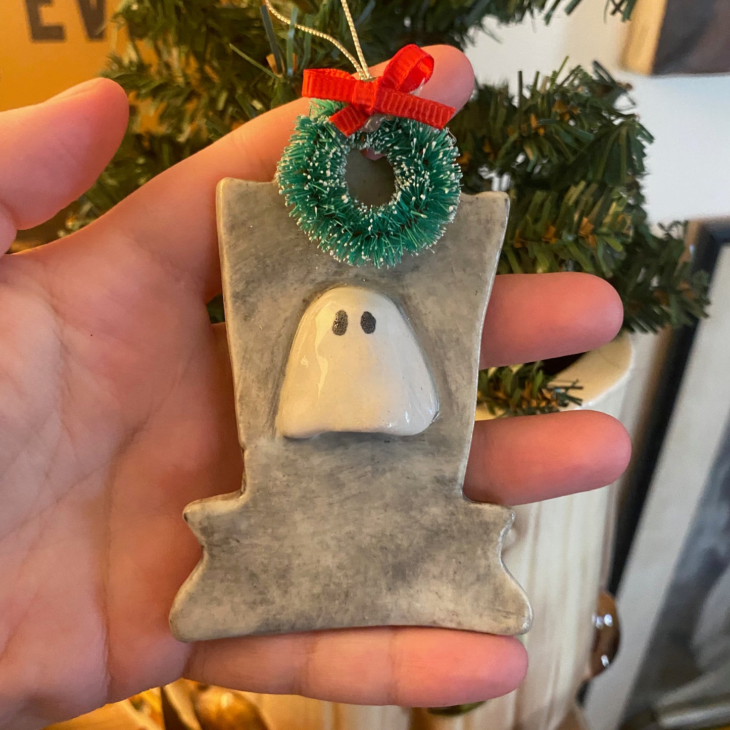 Handmade ceramic ghost tombstone wreath ornament