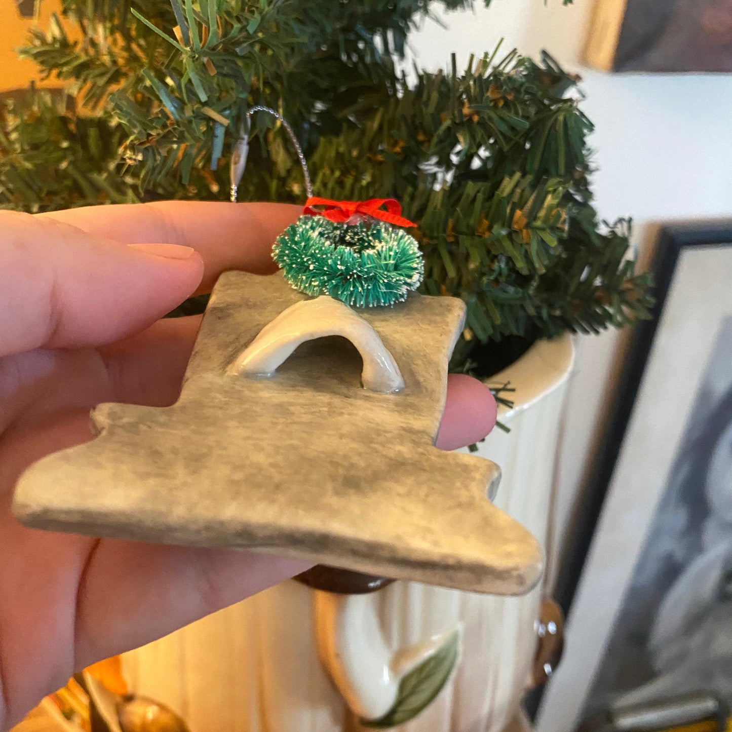 Handmade ceramic ghost tombstone wreath ornament
