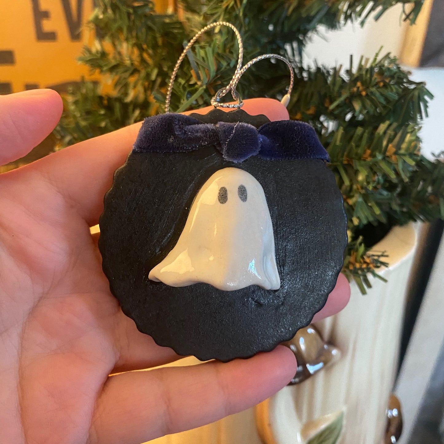 Handmade ceramic ghost portrait ornament