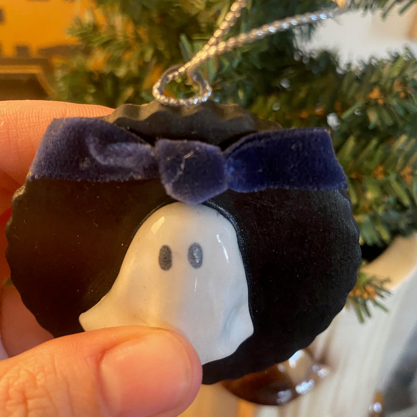 Handmade ceramic ghost portrait ornament