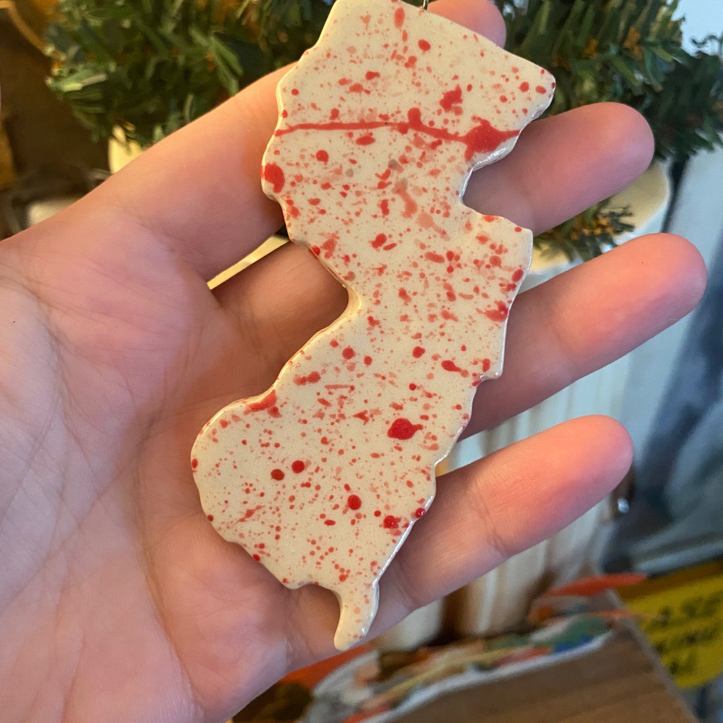 Handmade ceramic New Jersey blood spatter ornament