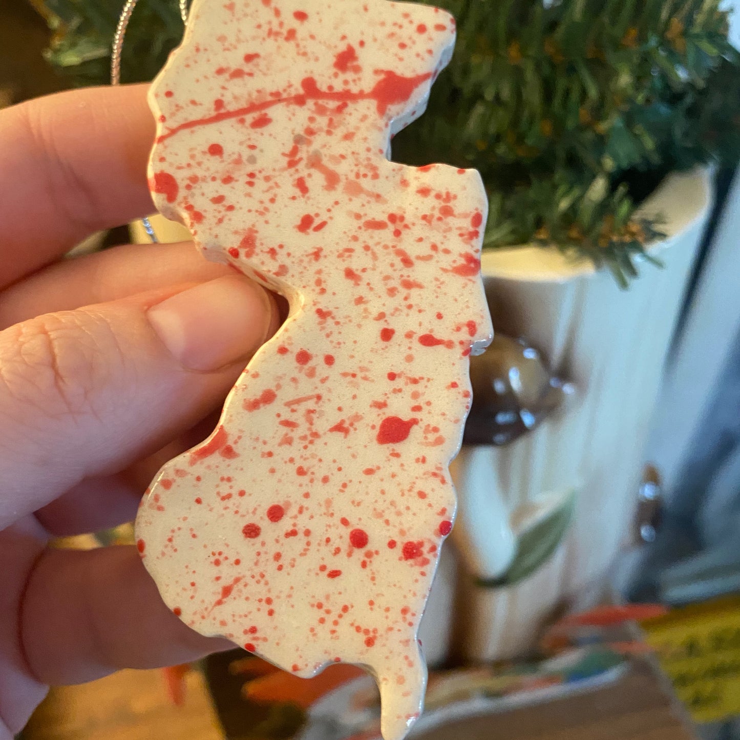 Handmade ceramic New Jersey blood spatter ornament