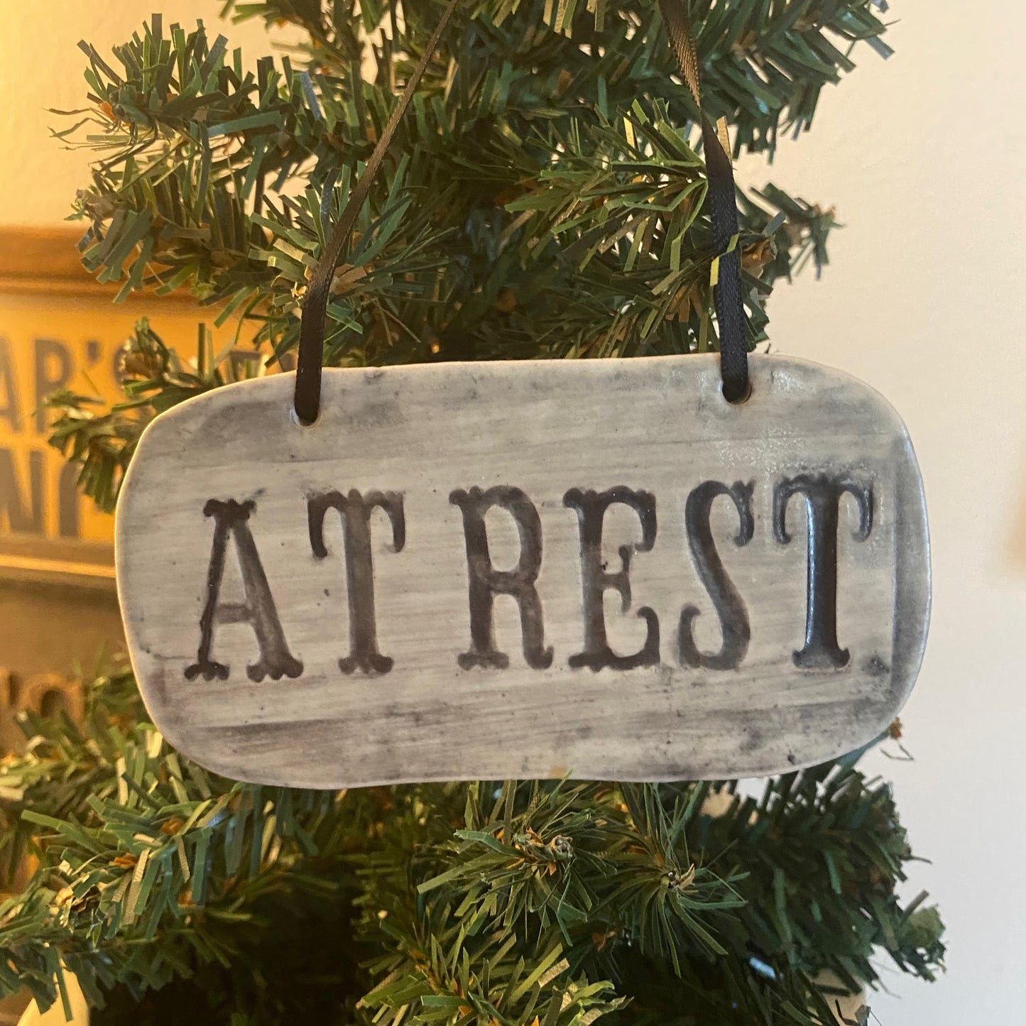 Handmade ceramic At Rest casket plaque wall hanging