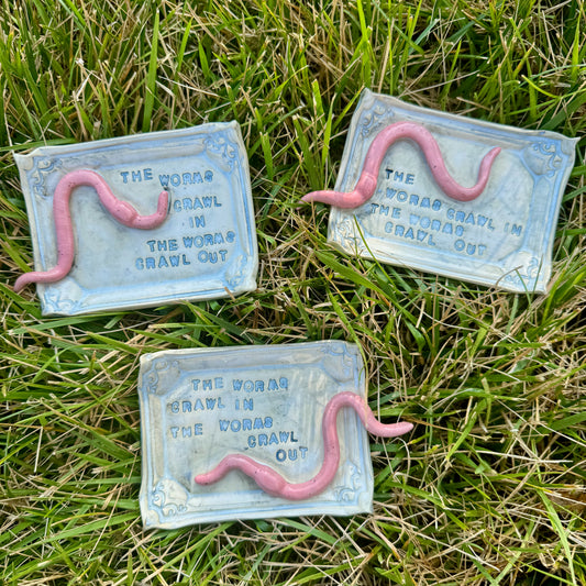 Handmade ceramic Worms Crawl In Worms Crawl Out trinket tray