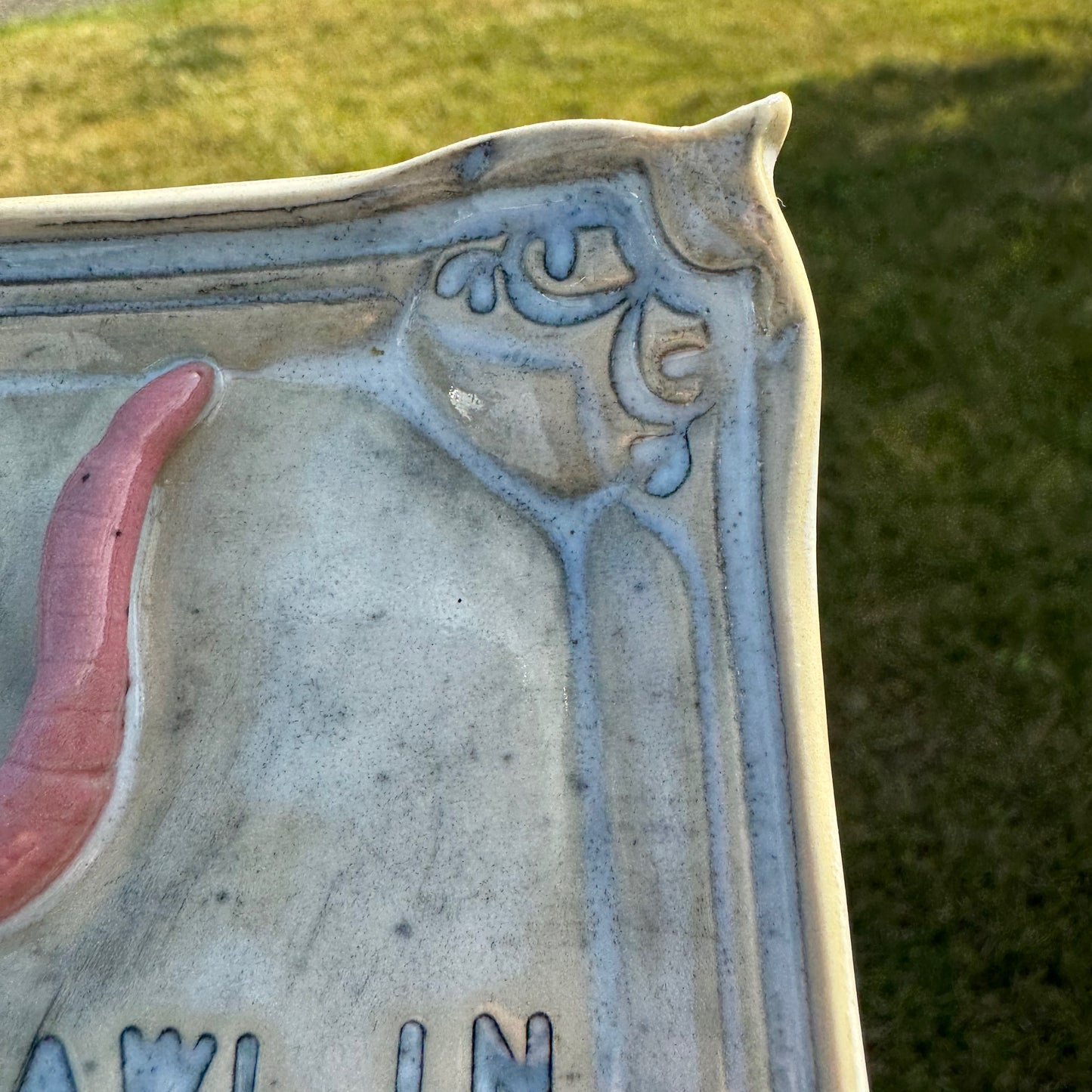 Handmade ceramic Worms Crawl In Worms Crawl Out trinket tray