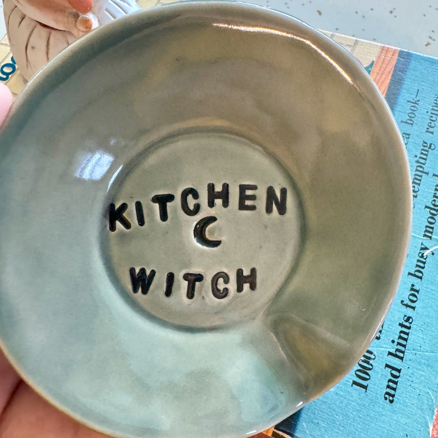 Handmade ceramic Kitchen Witch spoon rest - light grey blue