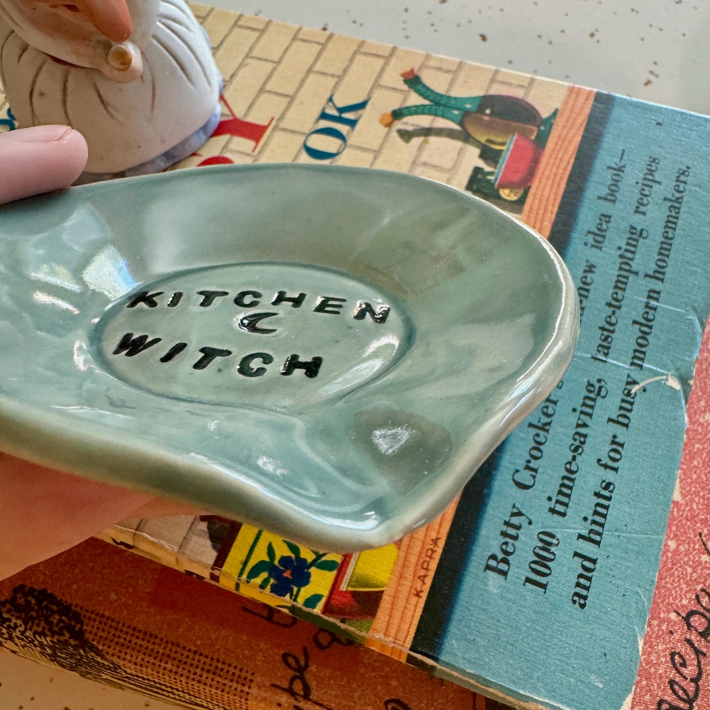 Handmade ceramic Kitchen Witch spoon rest - light grey blue
