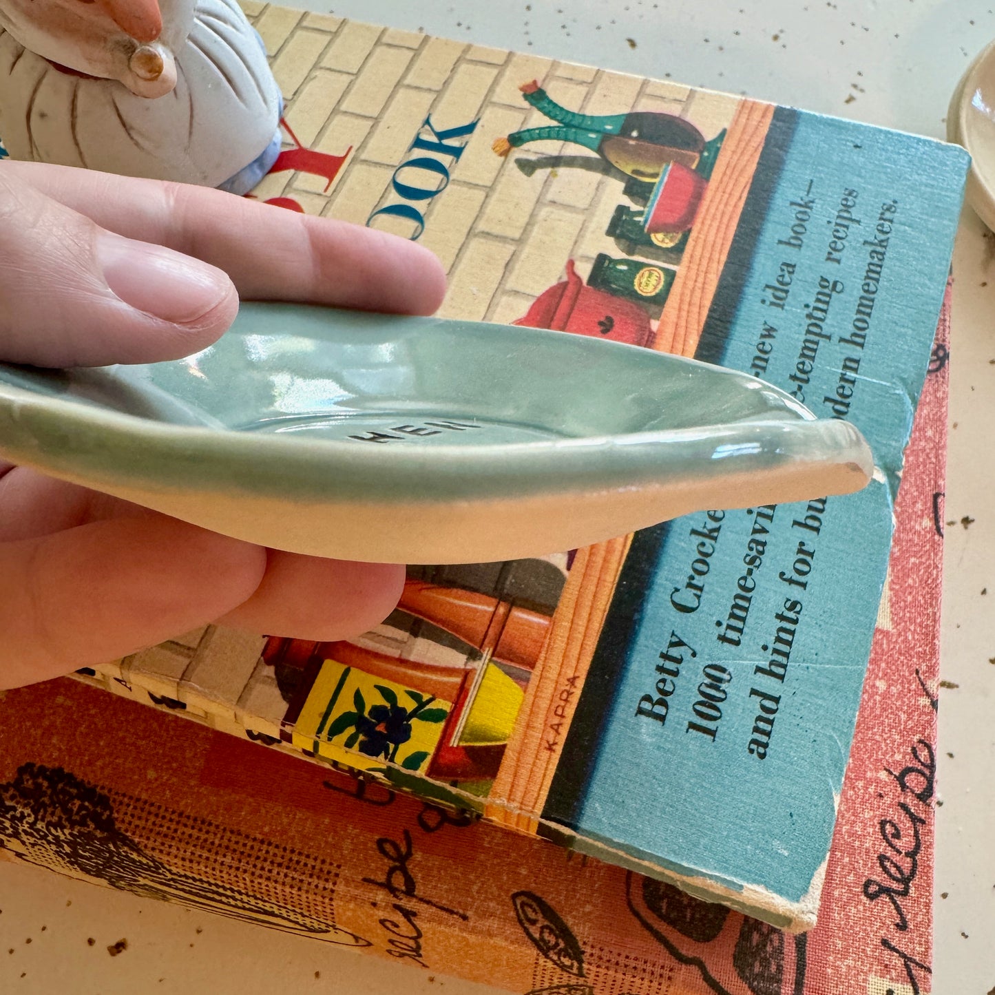 Handmade ceramic Kitchen Witch spoon rest - light grey blue