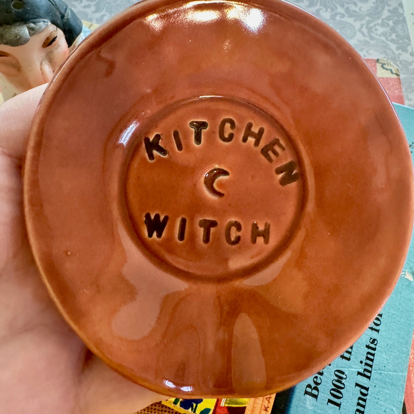Handmade ceramic Kitchen Witch spoon rest - red orange