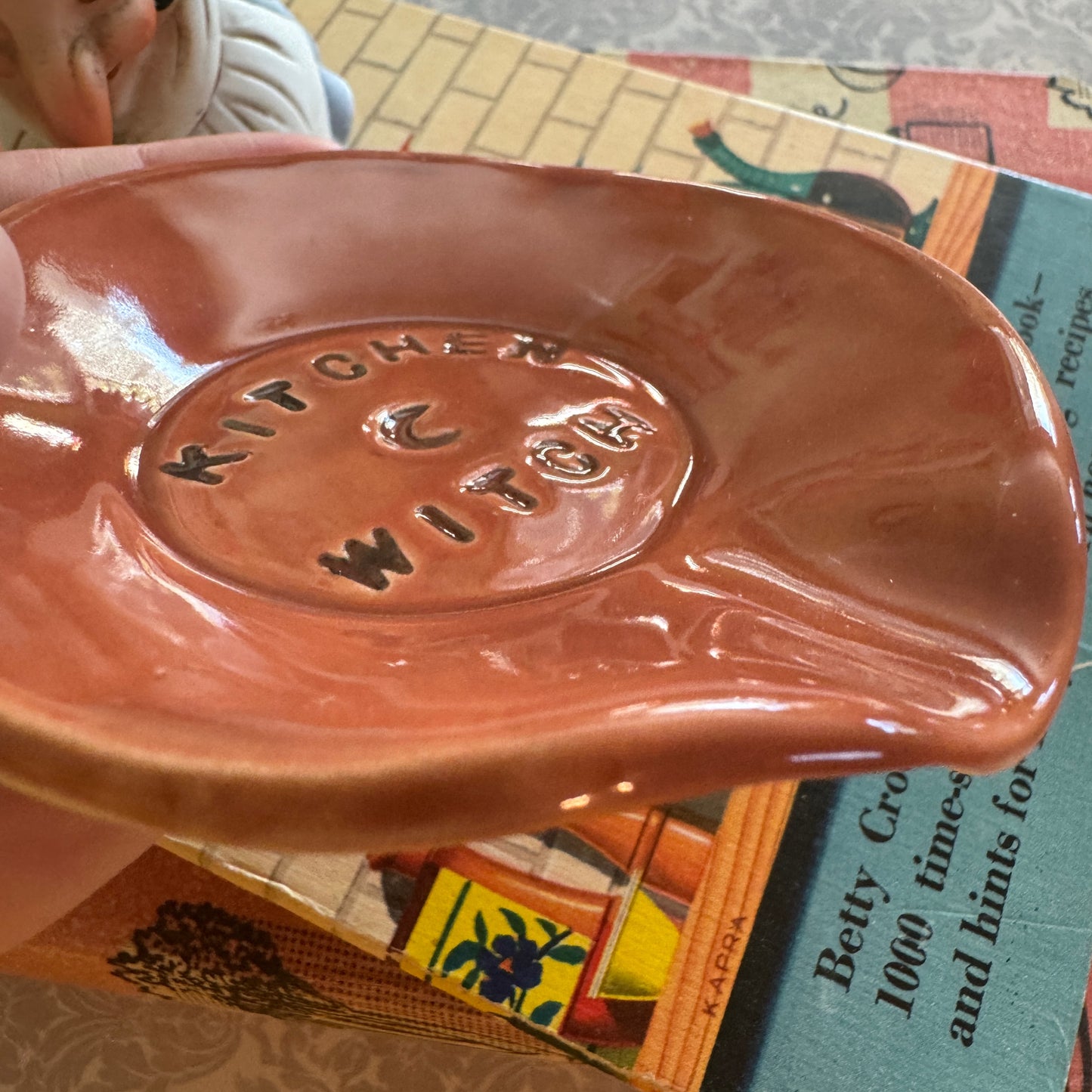 Handmade ceramic Kitchen Witch spoon rest - red orange