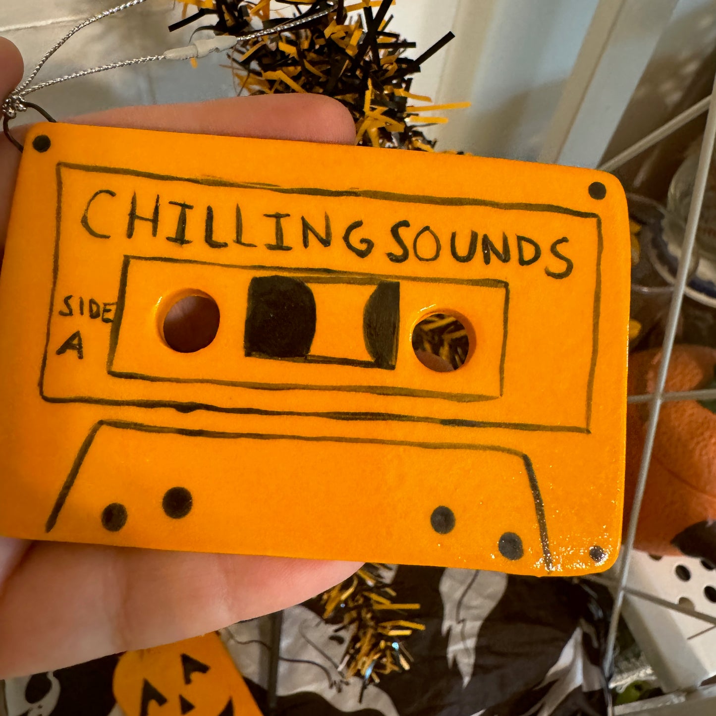 Handmade ceramic Halloween Chilling Sounds cassette tape ornament