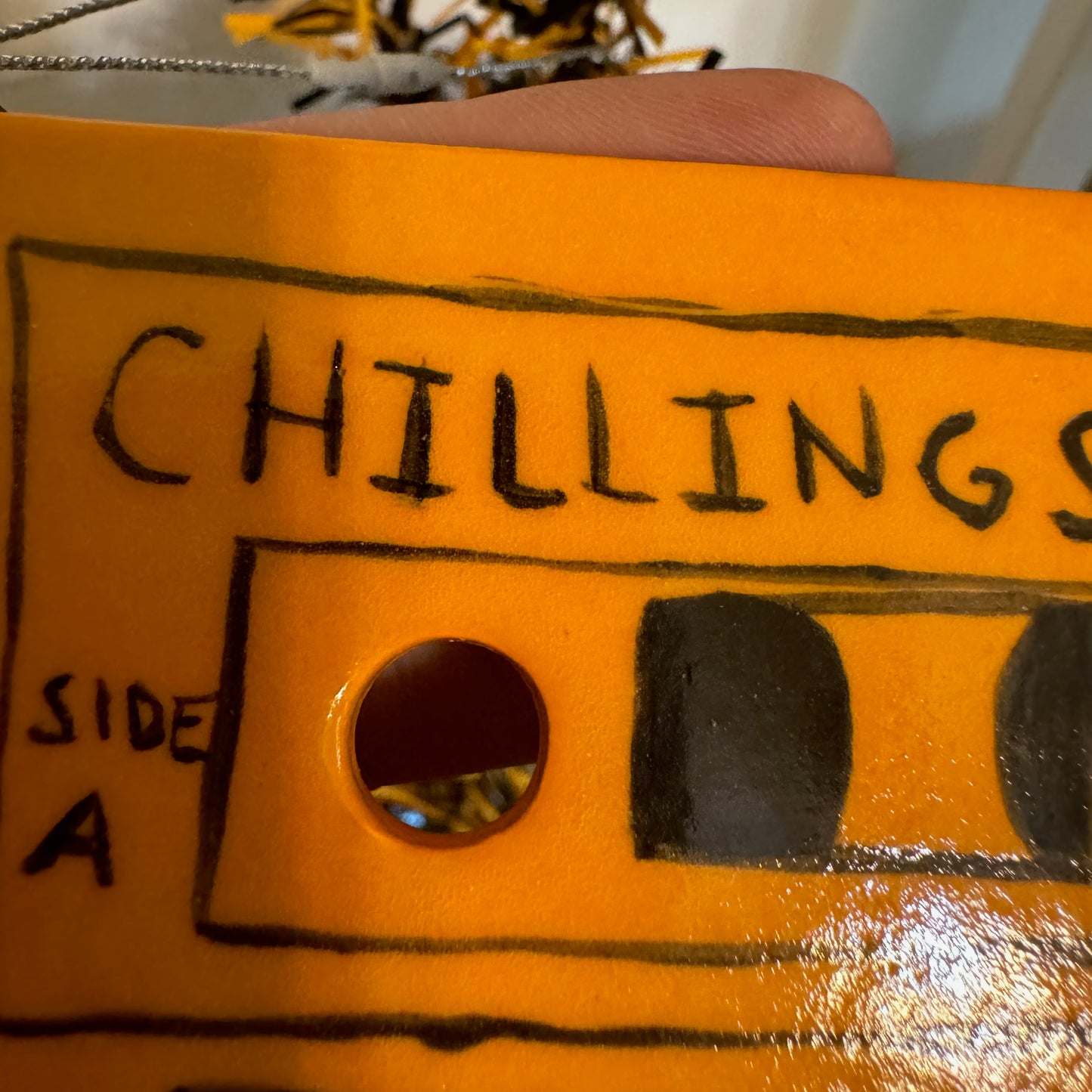 Handmade ceramic Halloween Chilling Sounds cassette tape ornament