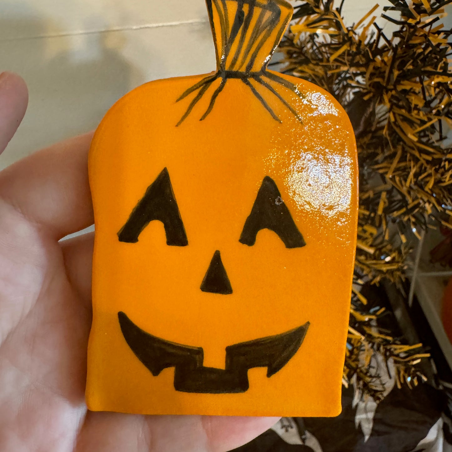 Handmade ceramic Halloween Pumpkin Lawn Bag ornament