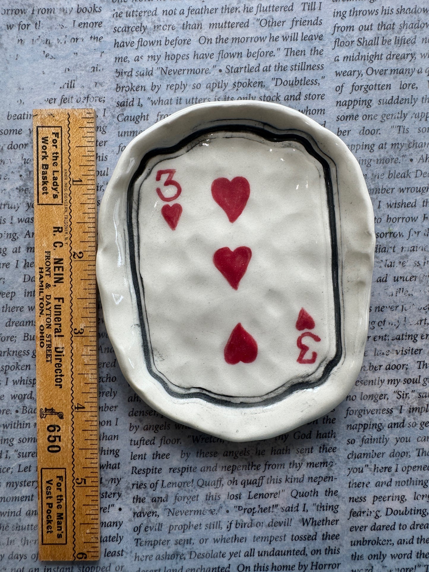 Ceramic three of hearts playing card trinket dish