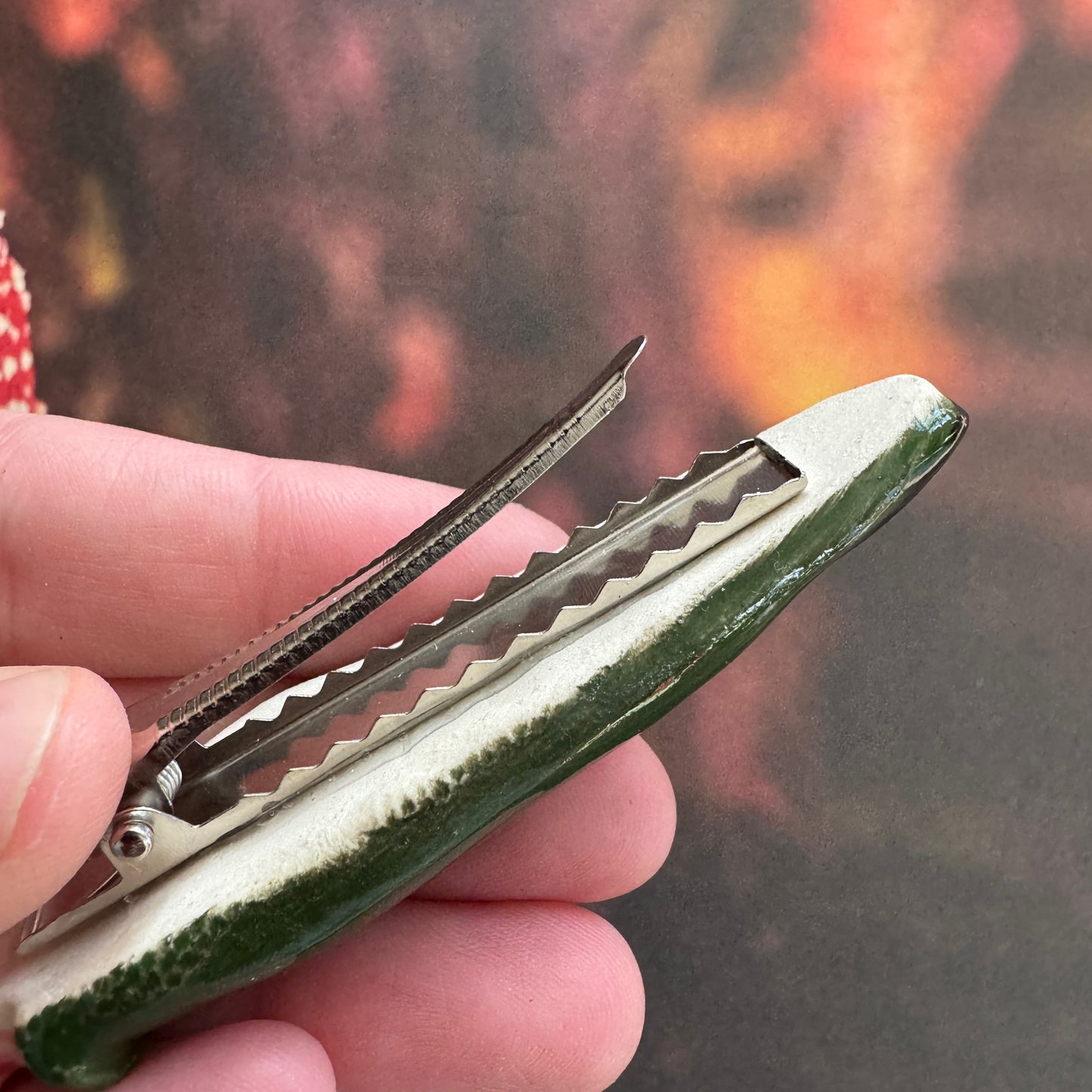 Handmade ceramic green monster finger hair clip