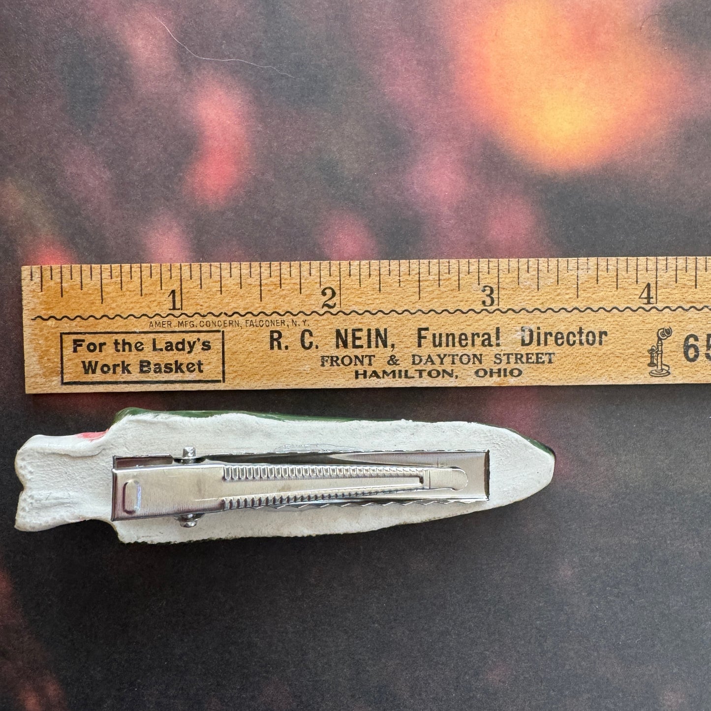 Handmade ceramic green monster finger hair clip