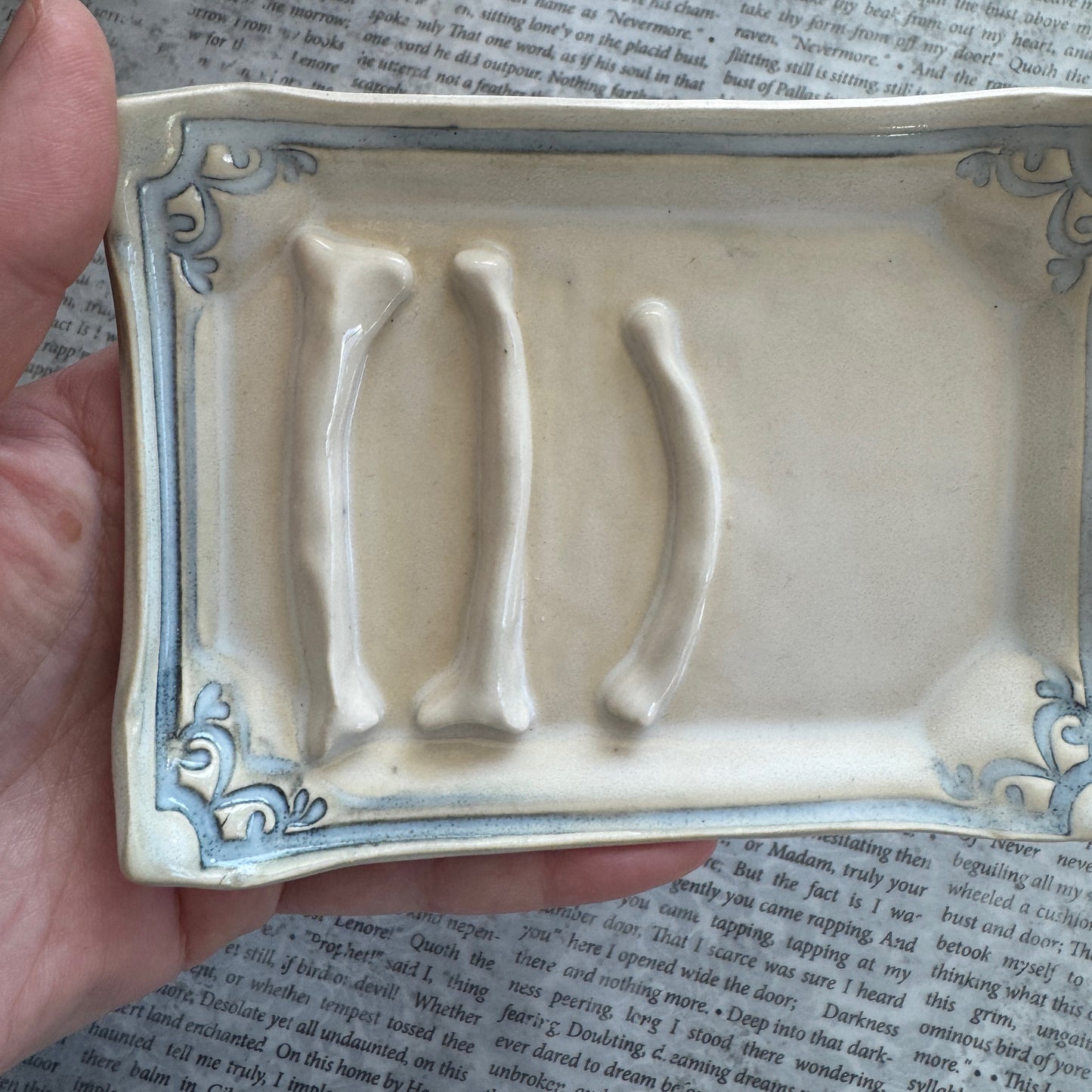 Handmade ceramic sortilege bones curio tray trinket dish