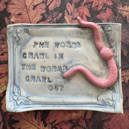 Handmade ceramic Worms Crawl In Worms Crawl Out curio trinket tray