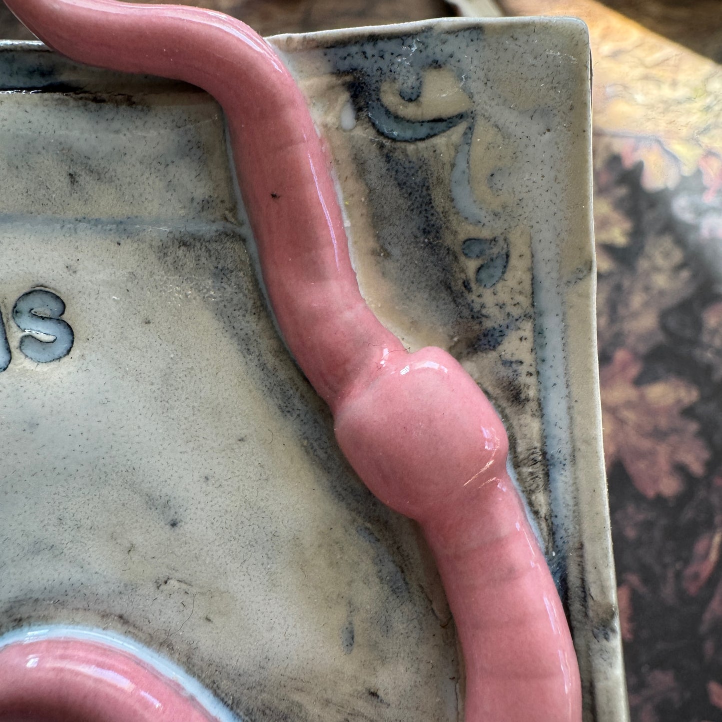 Handmade ceramic Worms Crawl In Worms Crawl Out curio trinket tray