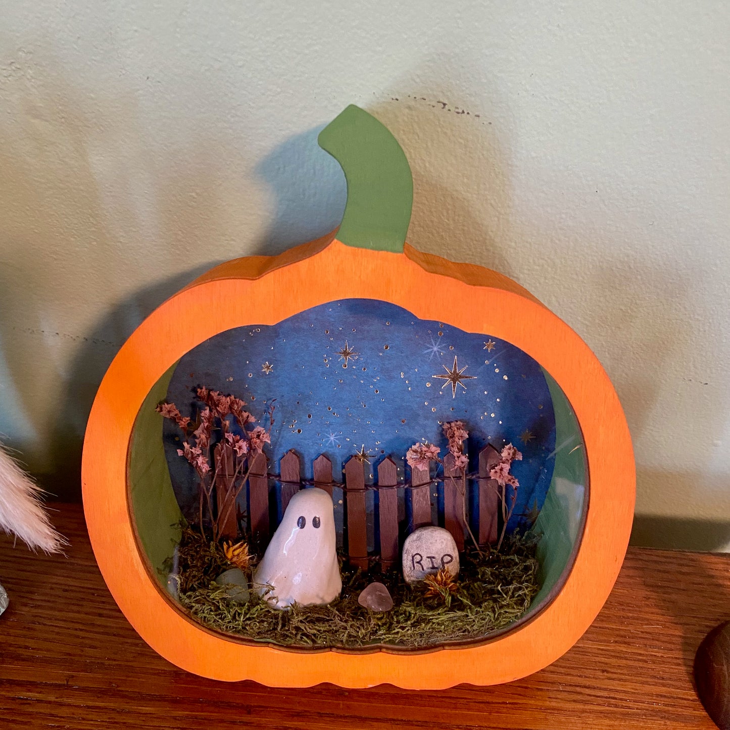 Pumpkin cemetery ghost shadow box