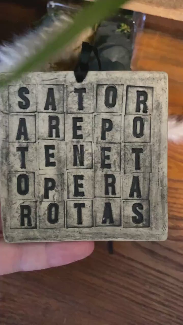 Sator square hanging tile. Handmade ceramic protective magical talisman charm against evil, bad luck. Folk witch home protection ward