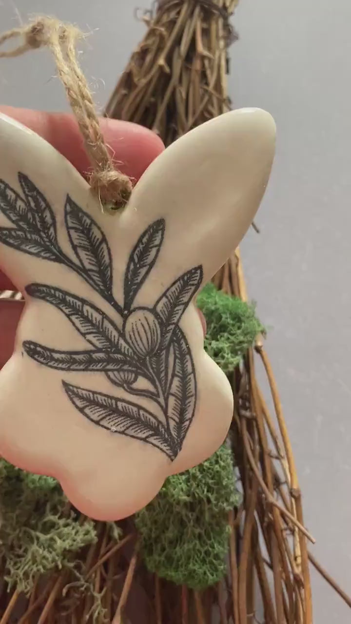 Handmade ceramic rabbit ornament. Ostara decoration. Easter bunny ornament. Black and white Easter wall hanging. Year of the Rabbit gift