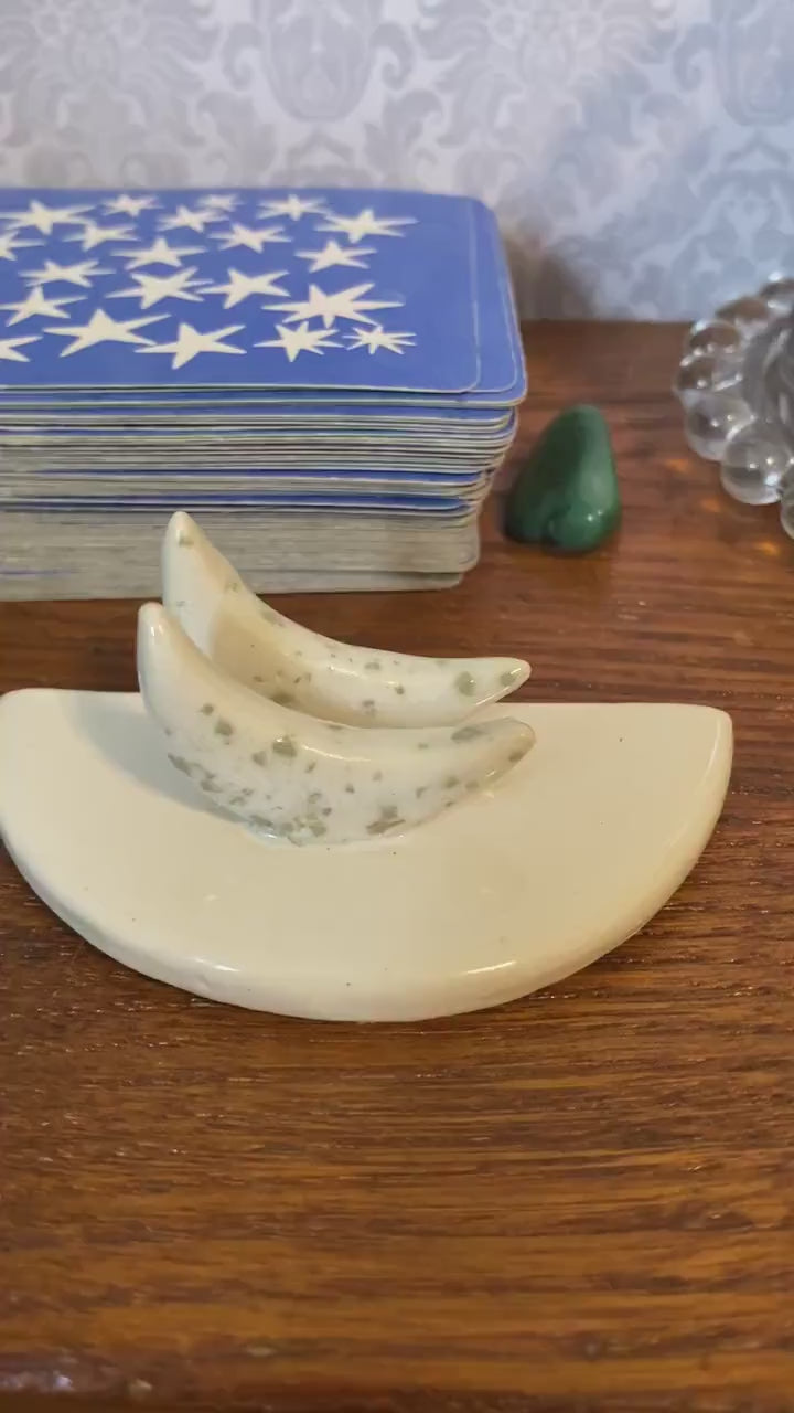 Handmade ceramic crescent moon tarot card holder. *SECONDS* Tarot stand for card of the day daily one card draw. Lunar witch altar decor
