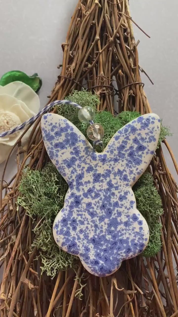 Handmade ceramic rabbit ornament. Ostara decoration. Easter bunny ornament. Blue white speckled Easter wall hanging. Year of the Rabbit gift