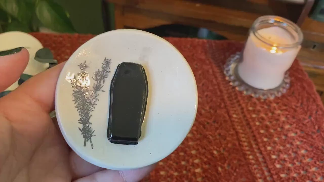 Handmade ceramic coffin trinket dish with rosemary herb design. Gothic ring dish. Witchcore home decor. Ancestor altar offering dish