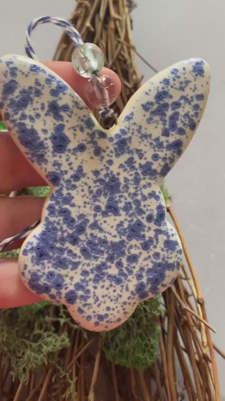 Handmade ceramic rabbit ornament. Ostara decoration. Easter bunny ornament. Blue white speckled Easter wall hanging. Year of the Rabbit gift