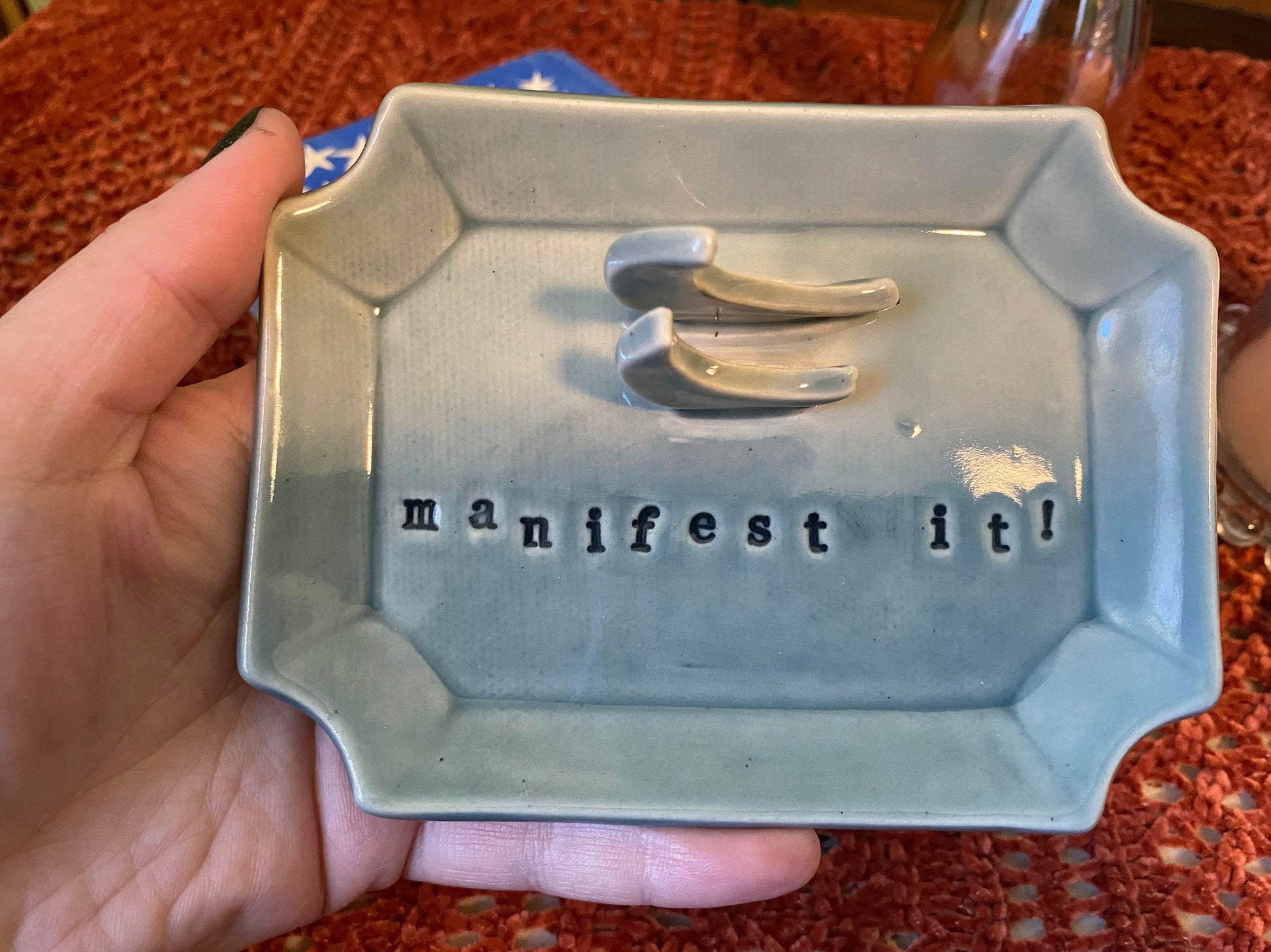 Handmade ceramic Manifest it! crescent moon tarot card holder stand for daily oracle card / one card draw. Witchy manifestation altar decor