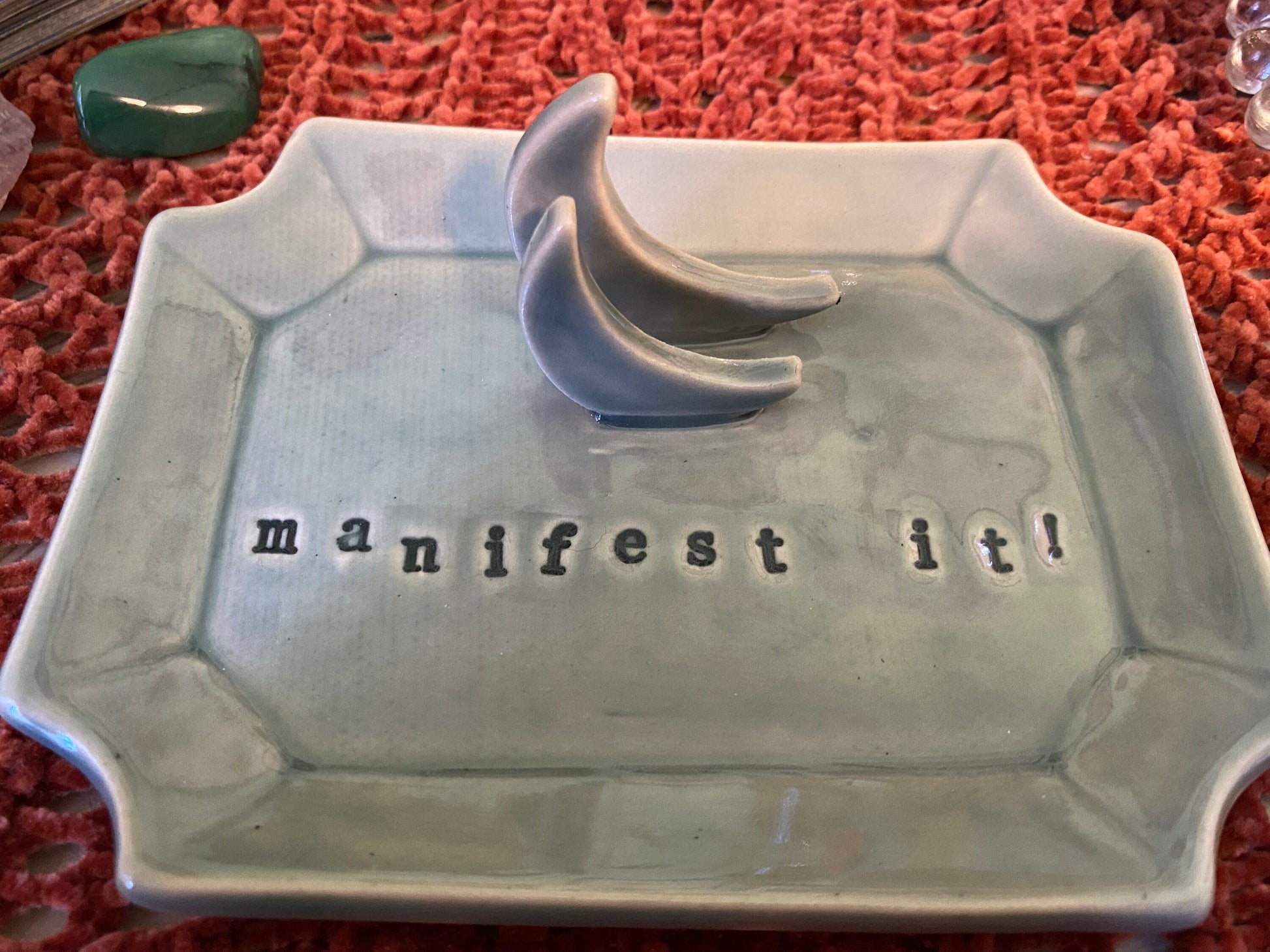 Handmade ceramic Manifest it! crescent moon tarot card holder stand for daily oracle card / one card draw. Witchy manifestation altar decor