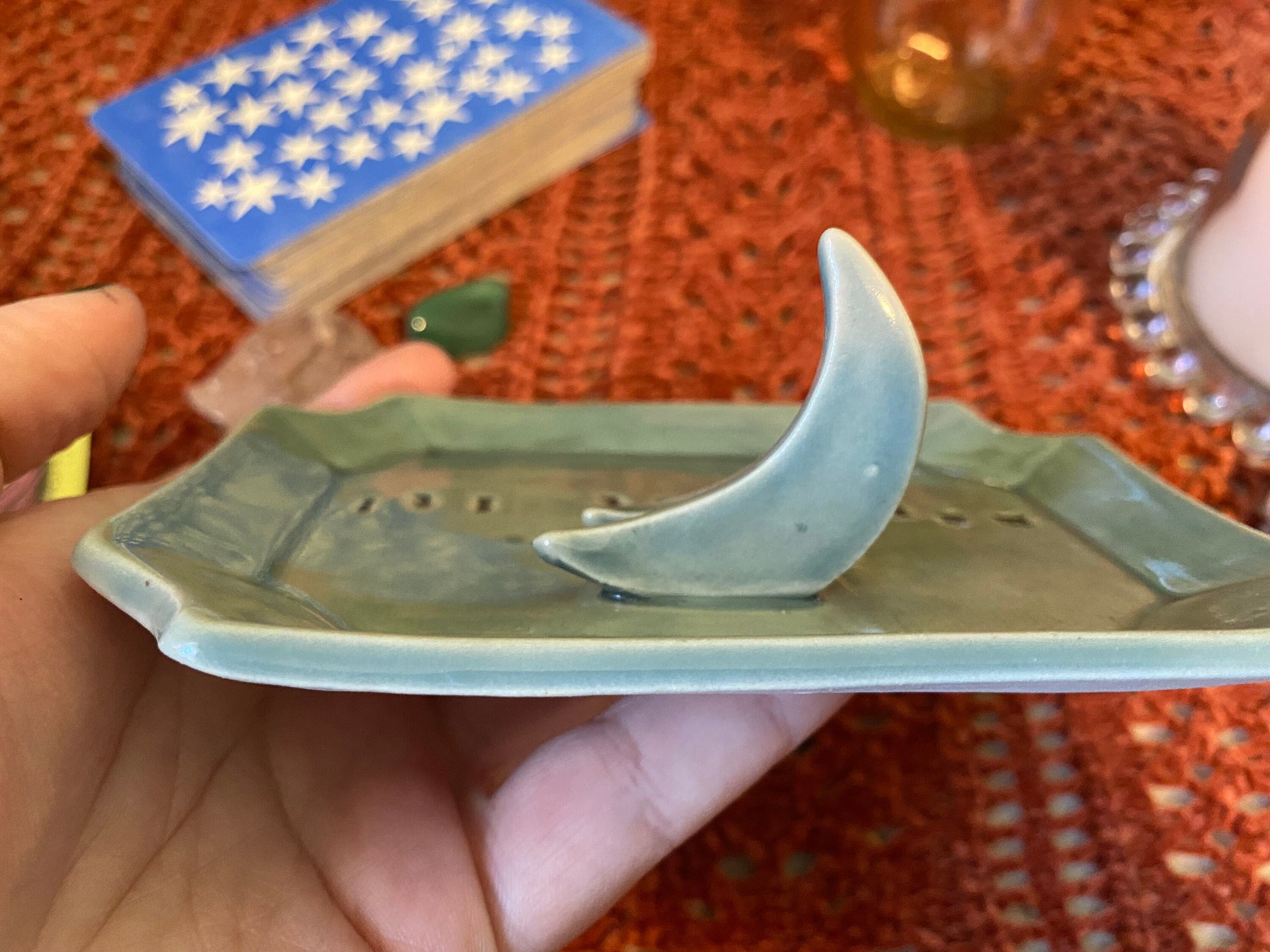 Handmade ceramic Manifest it! crescent moon tarot card holder stand for daily oracle card / one card draw. Witchy manifestation altar decor