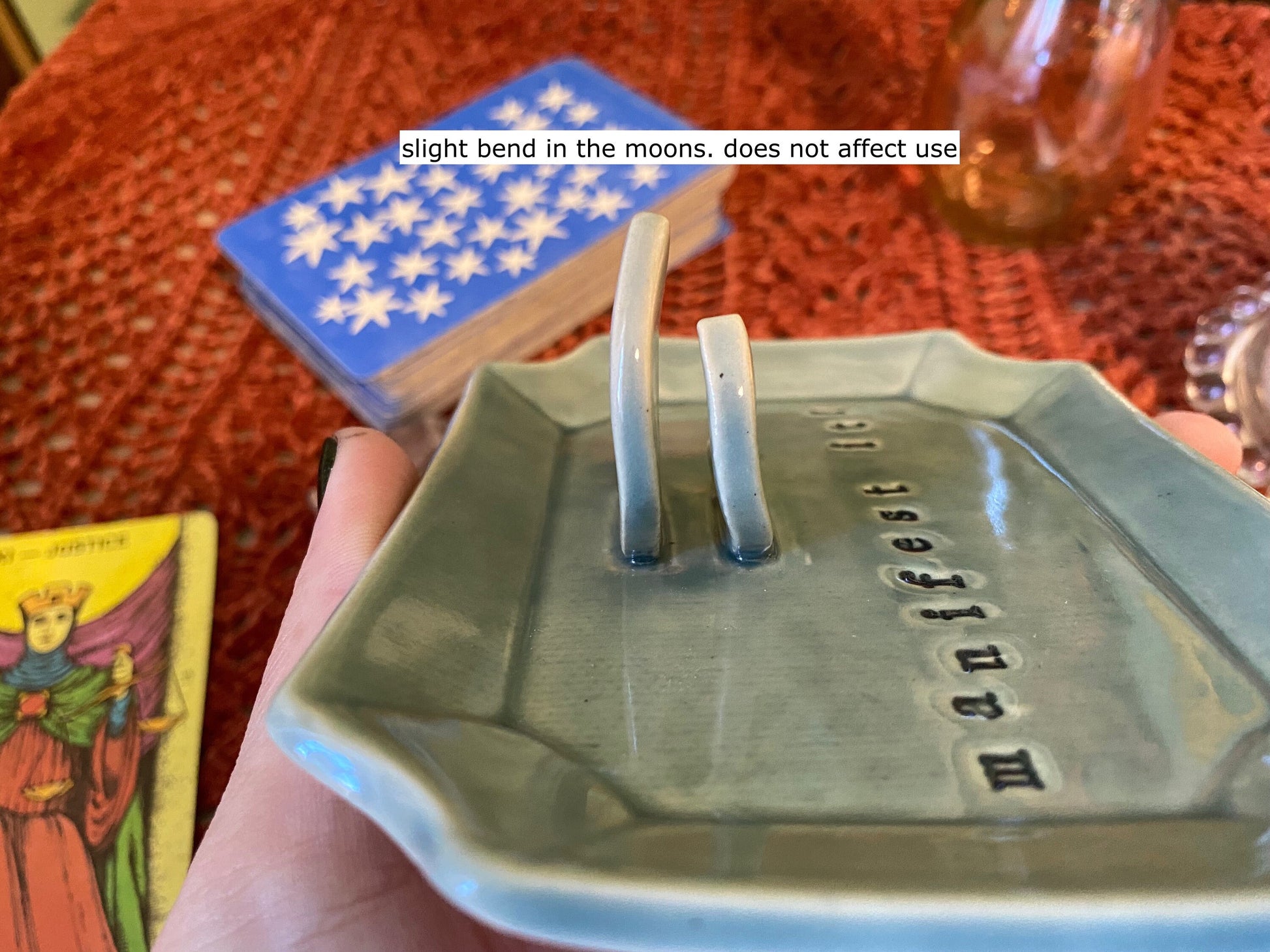 Handmade ceramic Manifest it! crescent moon tarot card holder stand for daily oracle card / one card draw. Witchy manifestation altar decor