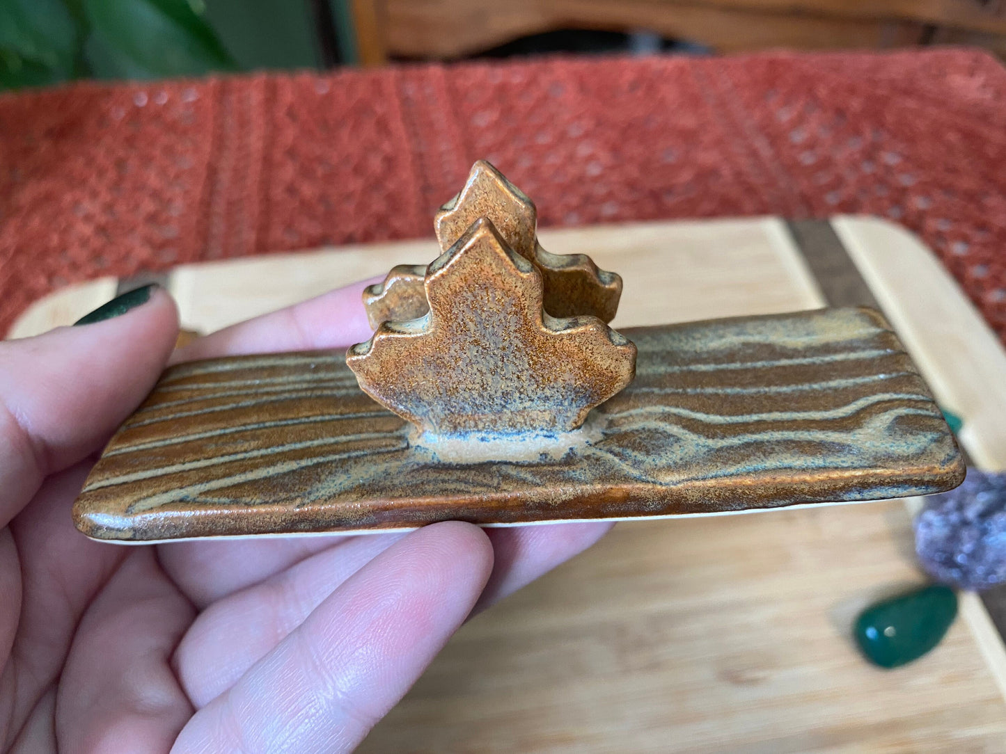 Handmade ceramic leaves tarot holder set- includes tarot stand for card of the day & tarot deck holder. Autumn forest witch altar decor gift