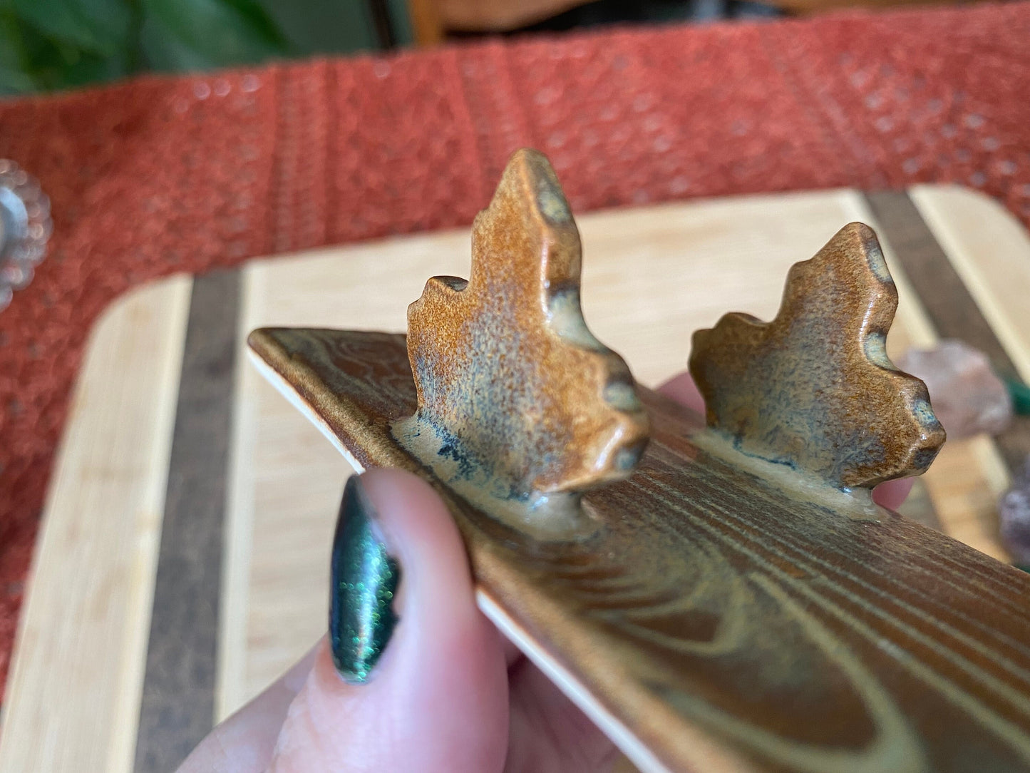 Handmade ceramic leaves tarot holder set- includes tarot stand for card of the day & tarot deck holder. Autumn forest witch altar decor gift