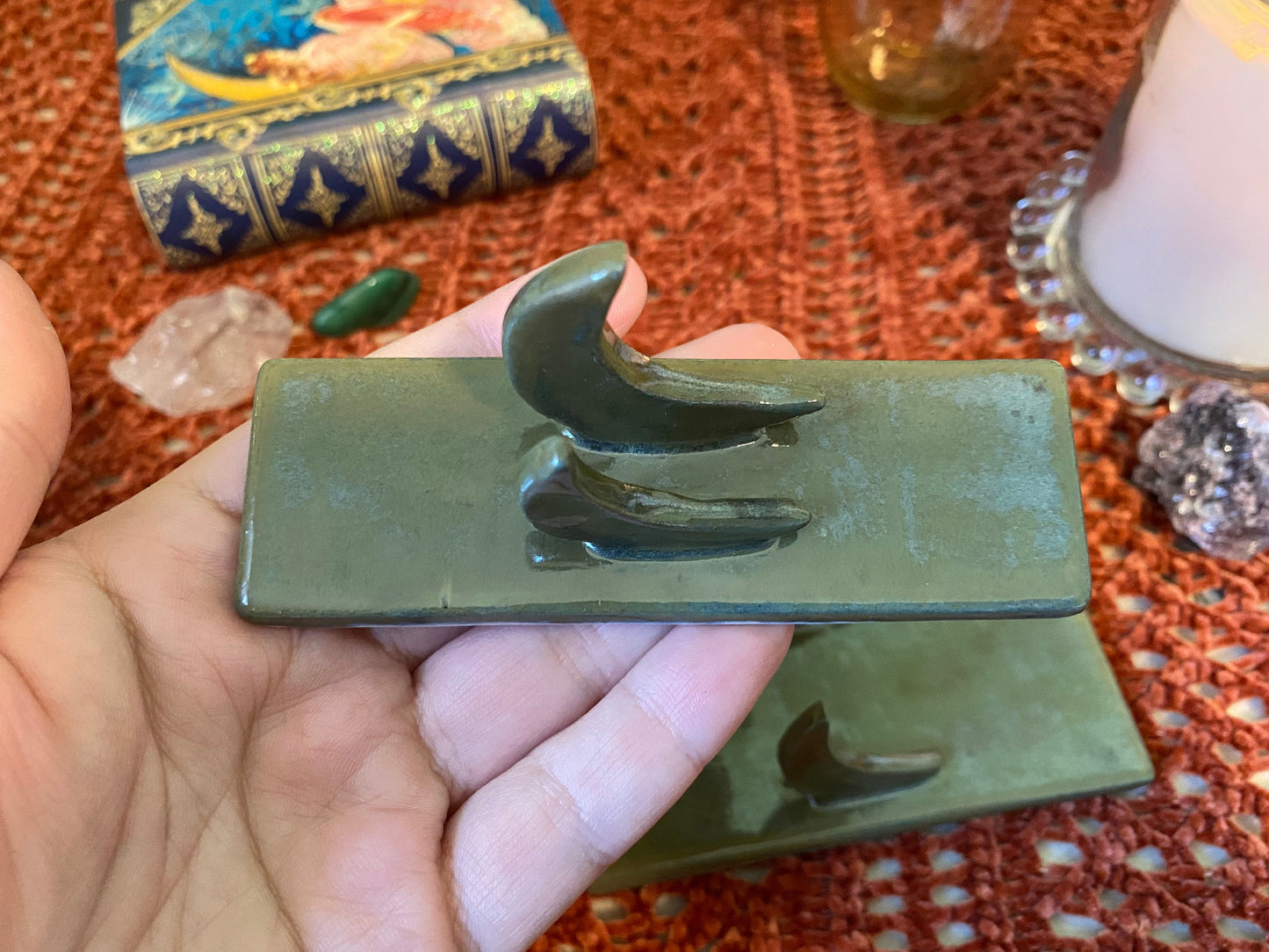 Handmade ceramic crescent moon tarot holder set- includes tarot stand for card of the day & tarot deck holder. Lunar witch altar decor gift