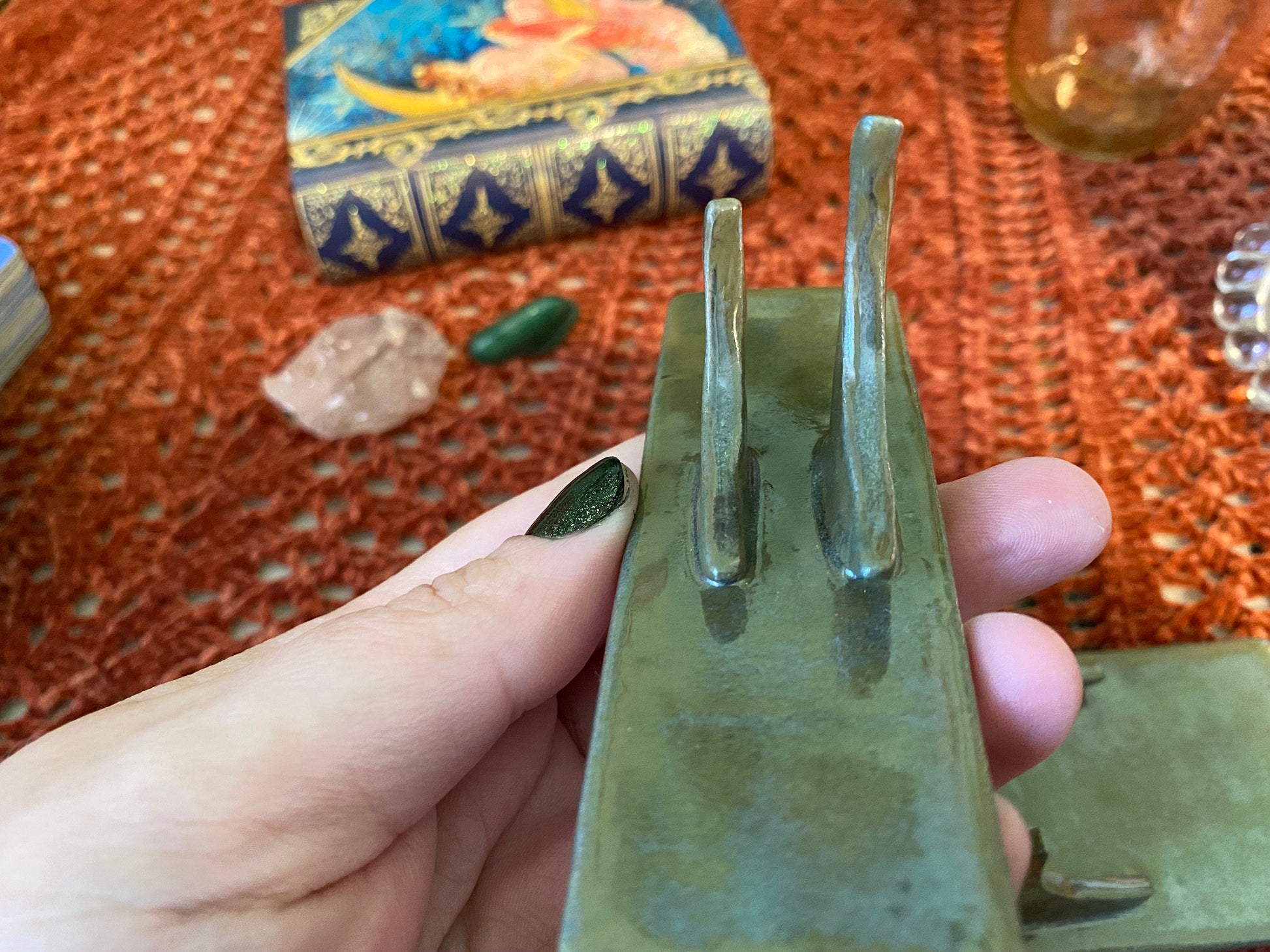 Handmade ceramic crescent moon tarot holder set- includes tarot stand for card of the day & tarot deck holder. Lunar witch altar decor gift