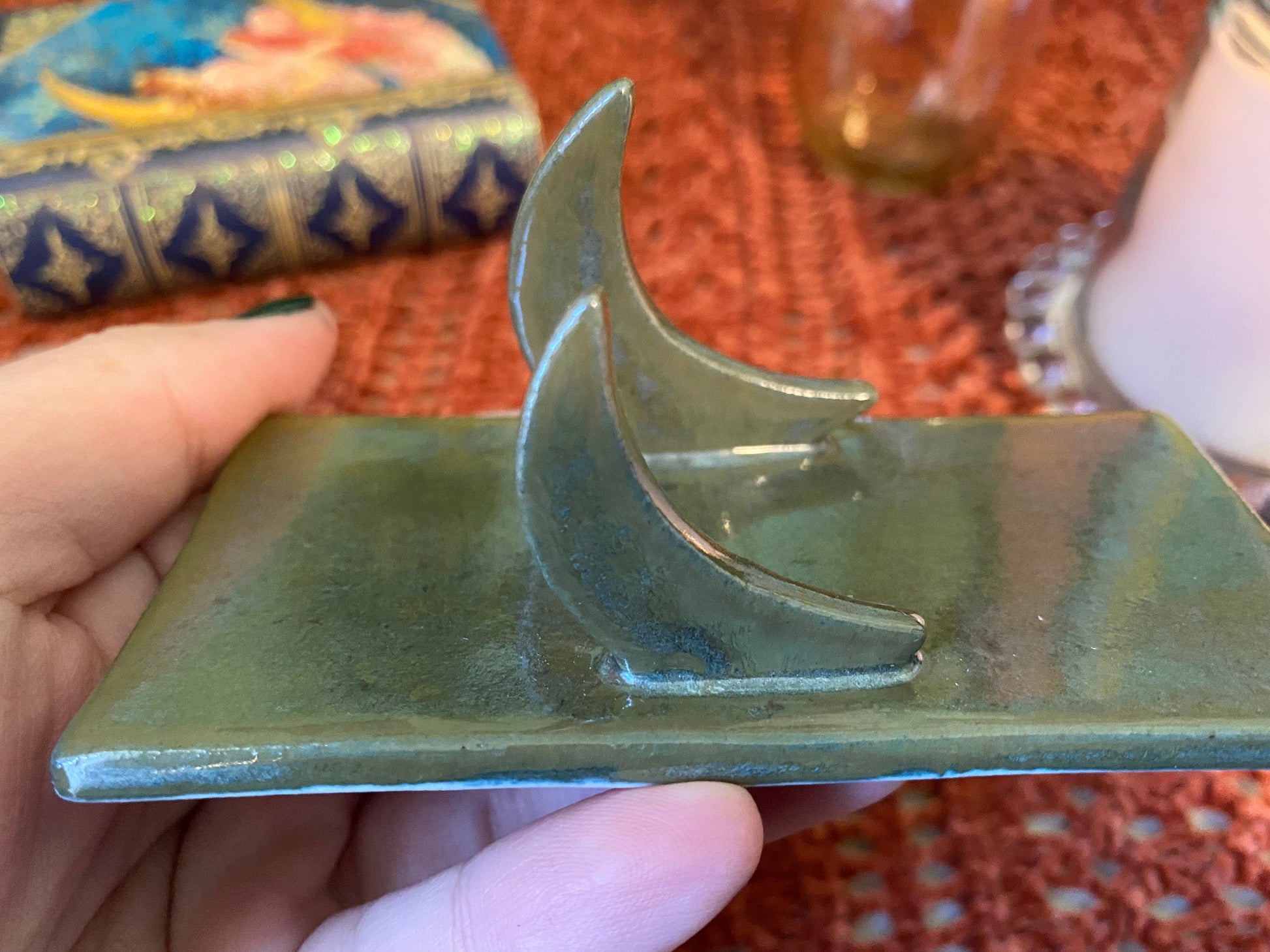 Handmade ceramic crescent moon tarot holder set- includes tarot stand for card of the day & tarot deck holder. Lunar witch altar decor gift