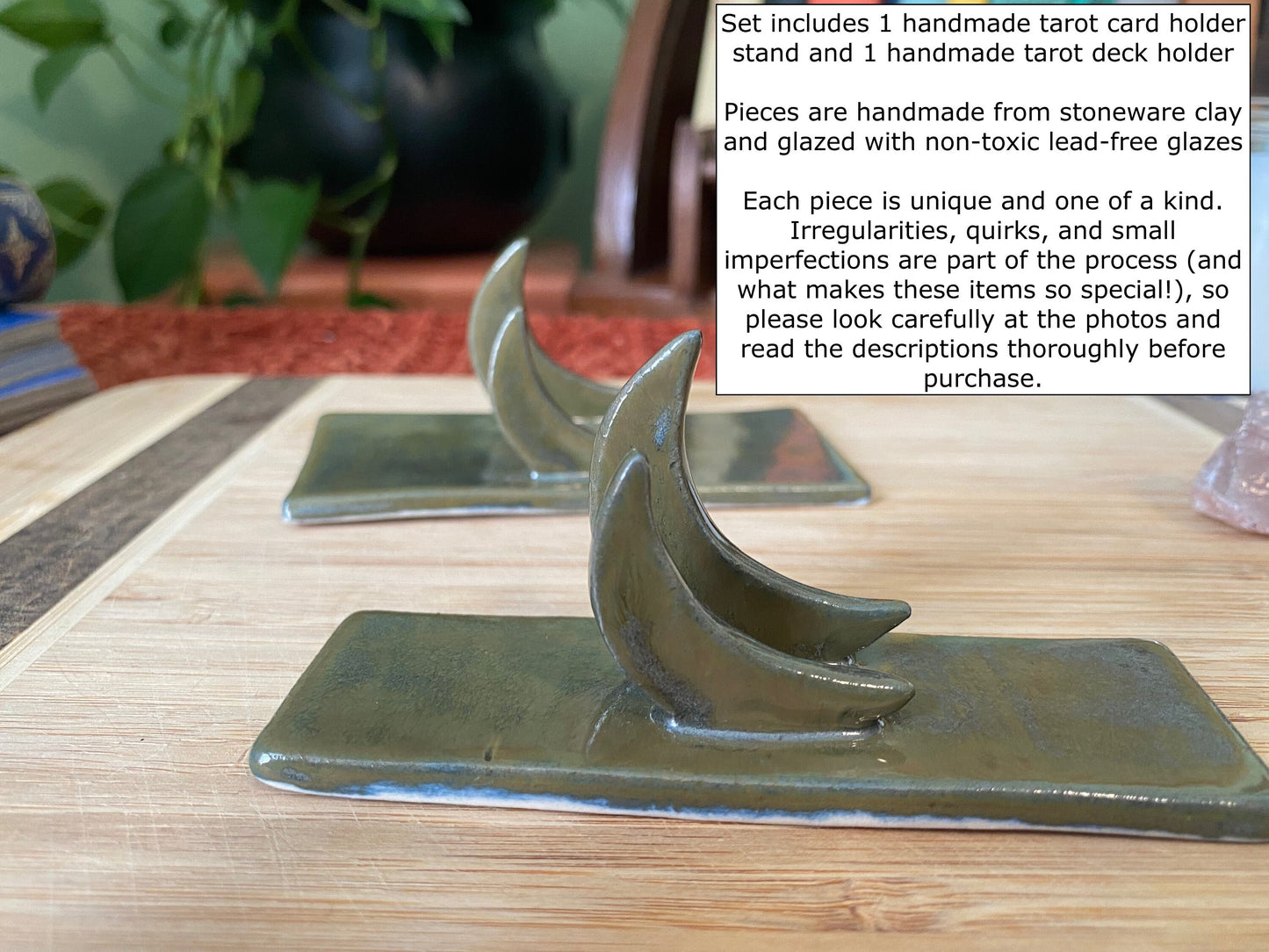 Handmade ceramic crescent moon tarot holder set- includes tarot stand for card of the day & tarot deck holder. Lunar witch altar decor gift