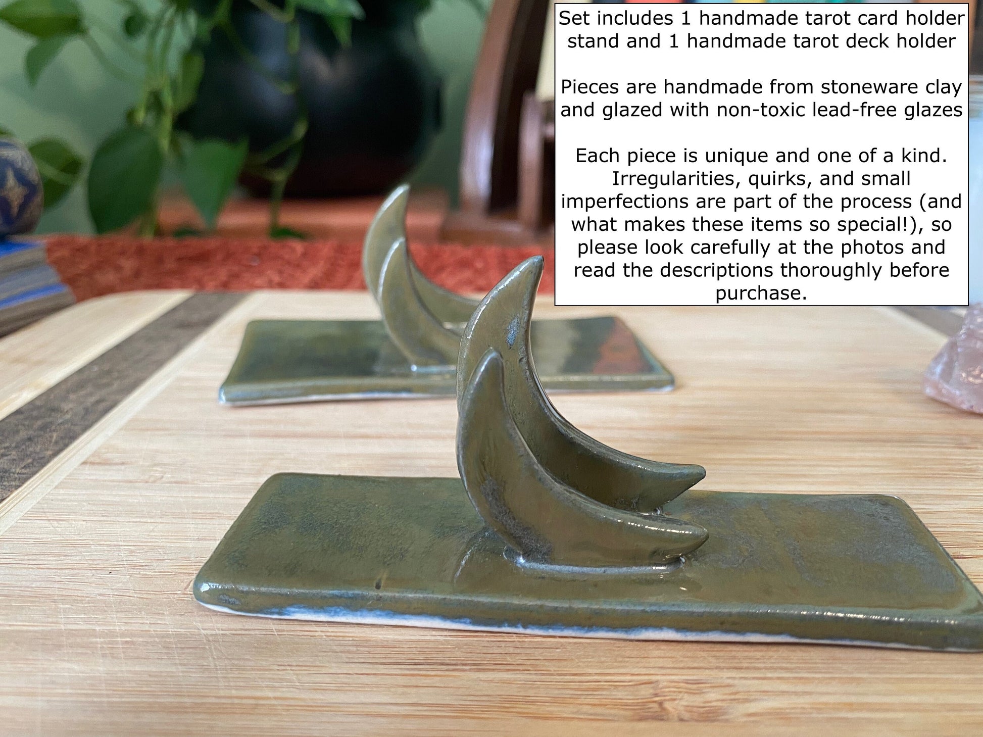 Handmade ceramic crescent moon tarot holder set- includes tarot stand for card of the day & tarot deck holder. Lunar witch altar decor gift