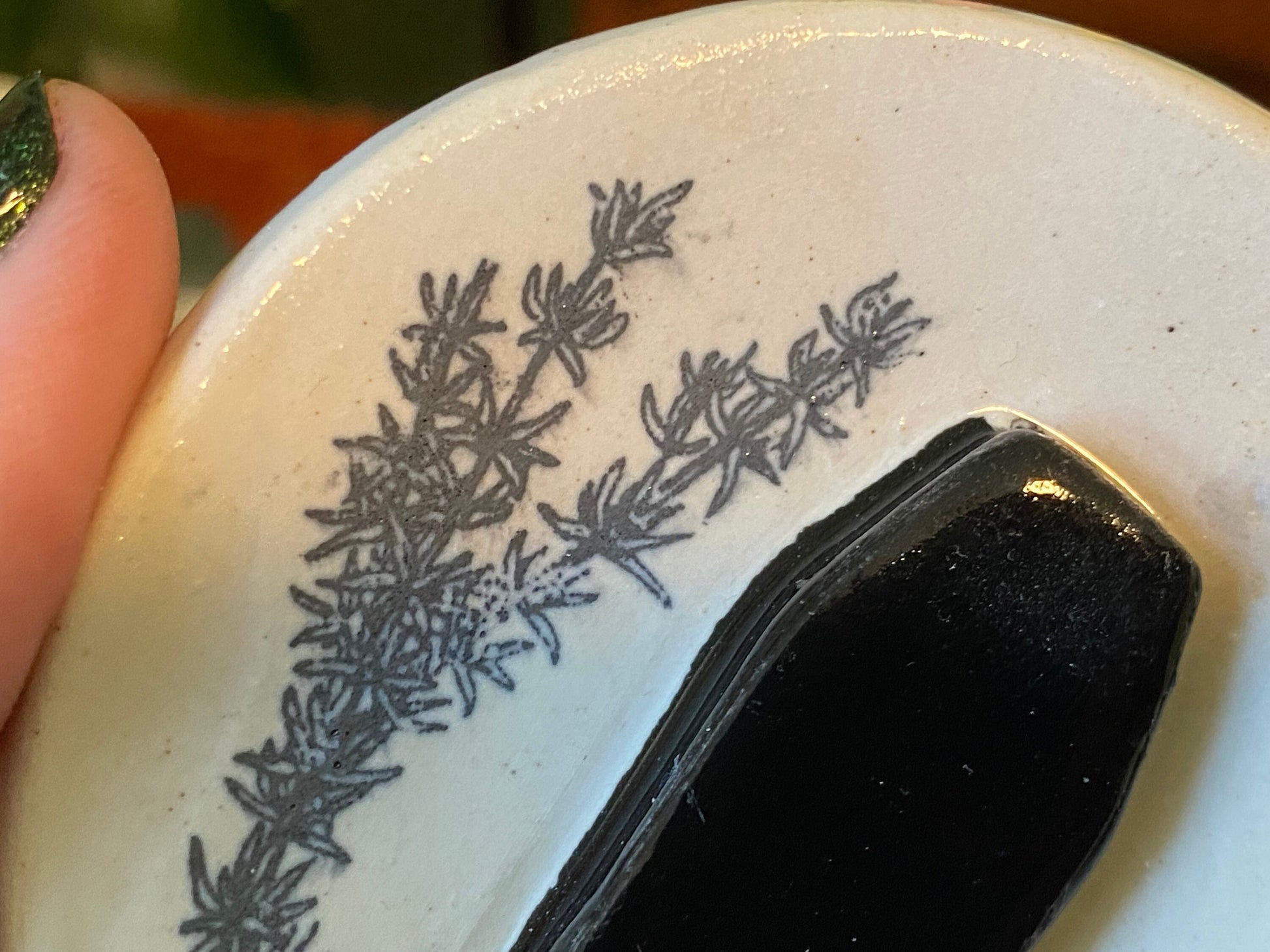 Handmade ceramic coffin trinket dish with rosemary herb design. Gothic ring dish. Witchcore home decor. Ancestor altar offering dish