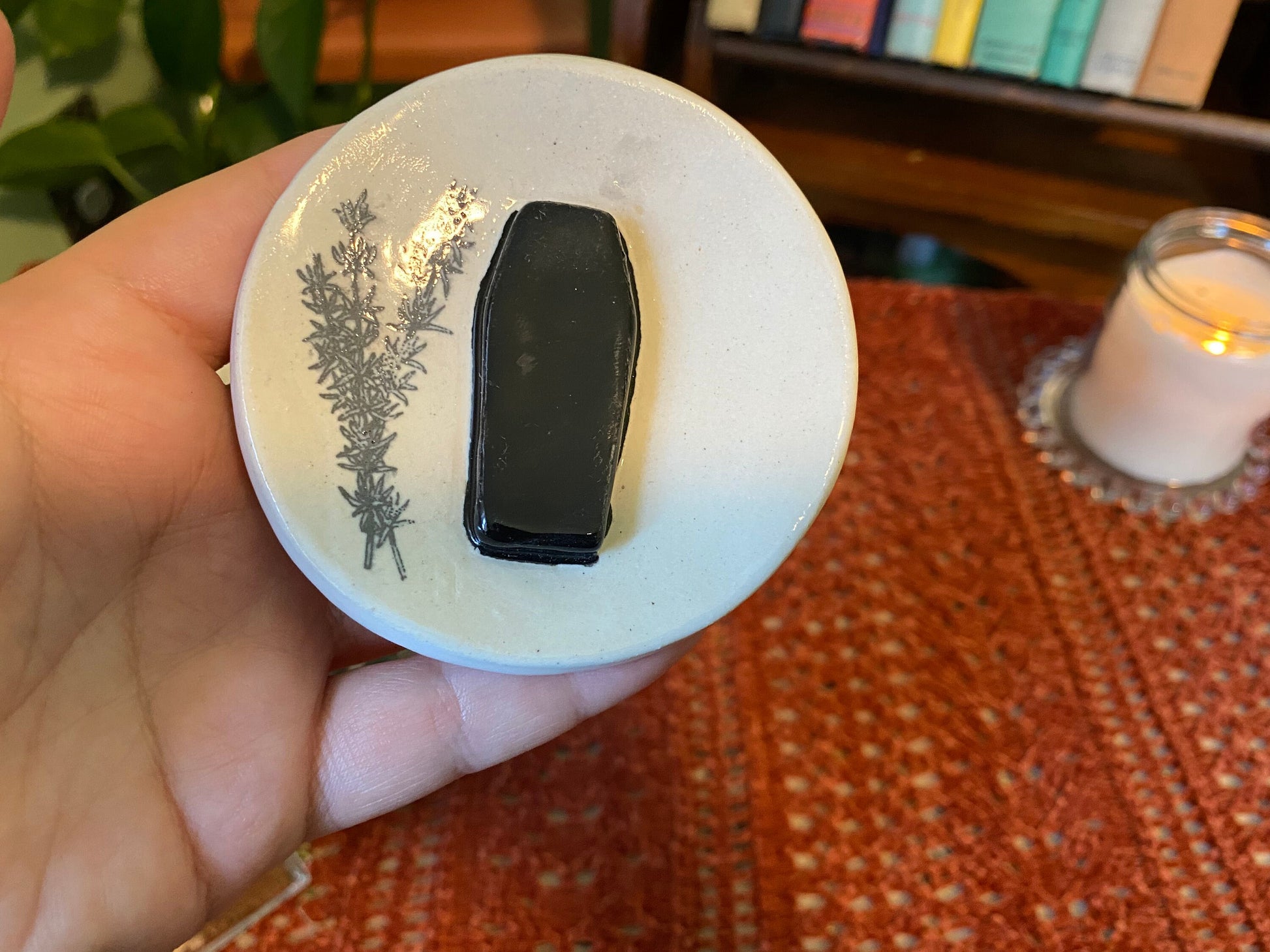 Handmade ceramic coffin trinket dish with rosemary herb design. Gothic ring dish. Witchcore home decor. Ancestor altar offering dish
