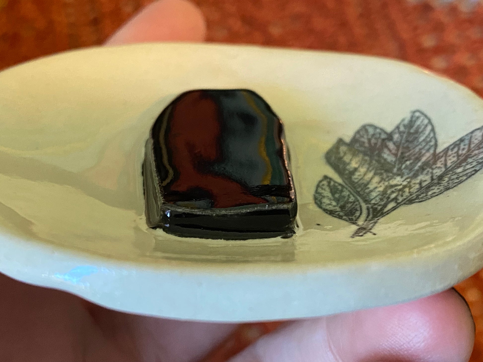 Handmade ceramic coffin trinket dish with sage herb design. Black white gothic ring dish. Witchcore home decor. Ancestor altar offering dish