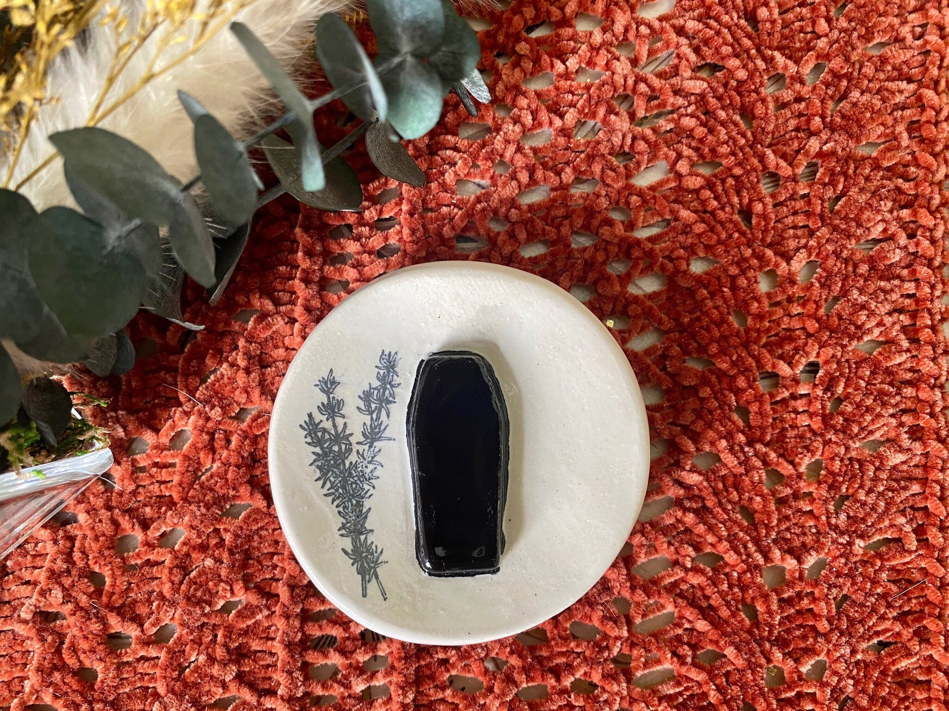 Handmade ceramic coffin trinket dish with rosemary herb design. Gothic ring dish. Witchcore home decor. Ancestor altar offering dish