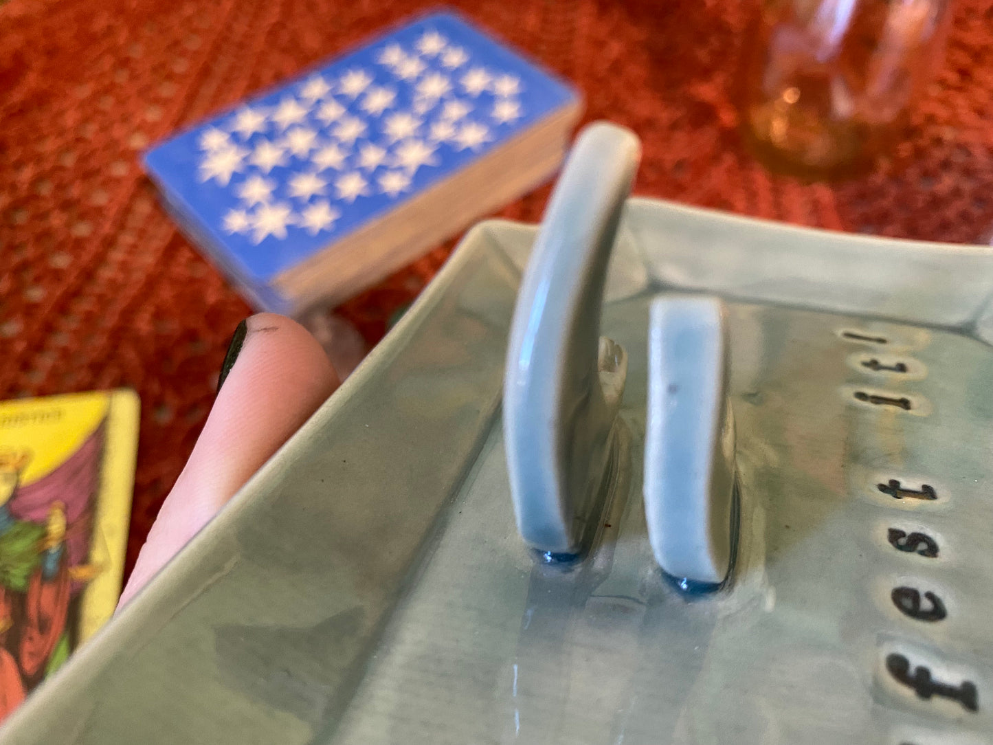 Handmade ceramic Manifest it! crescent moon tarot card holder stand for daily oracle card / one card draw. Witchy manifestation altar decor