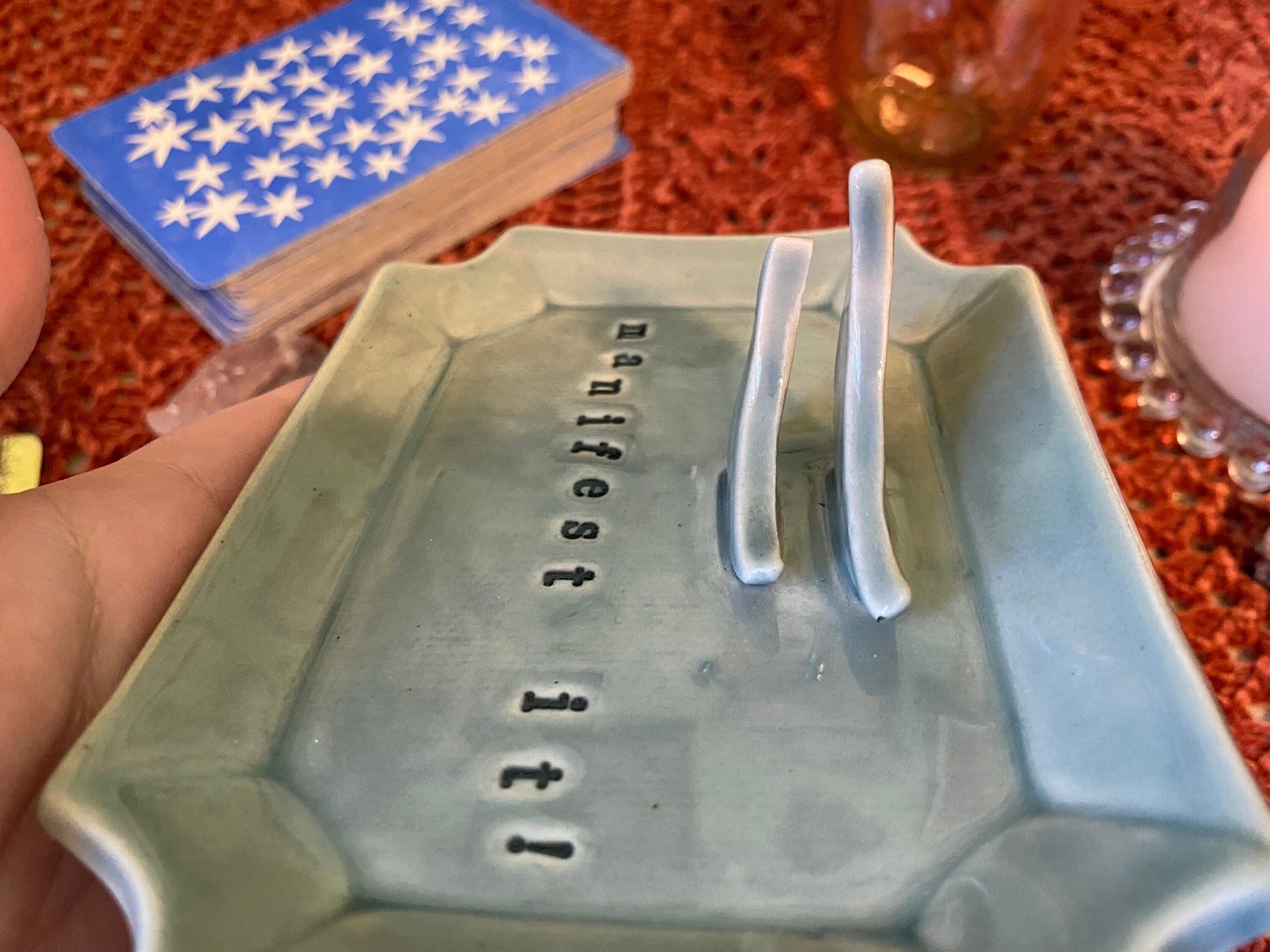 Handmade ceramic Manifest it! crescent moon tarot card holder stand for daily oracle card / one card draw. Witchy manifestation altar decor